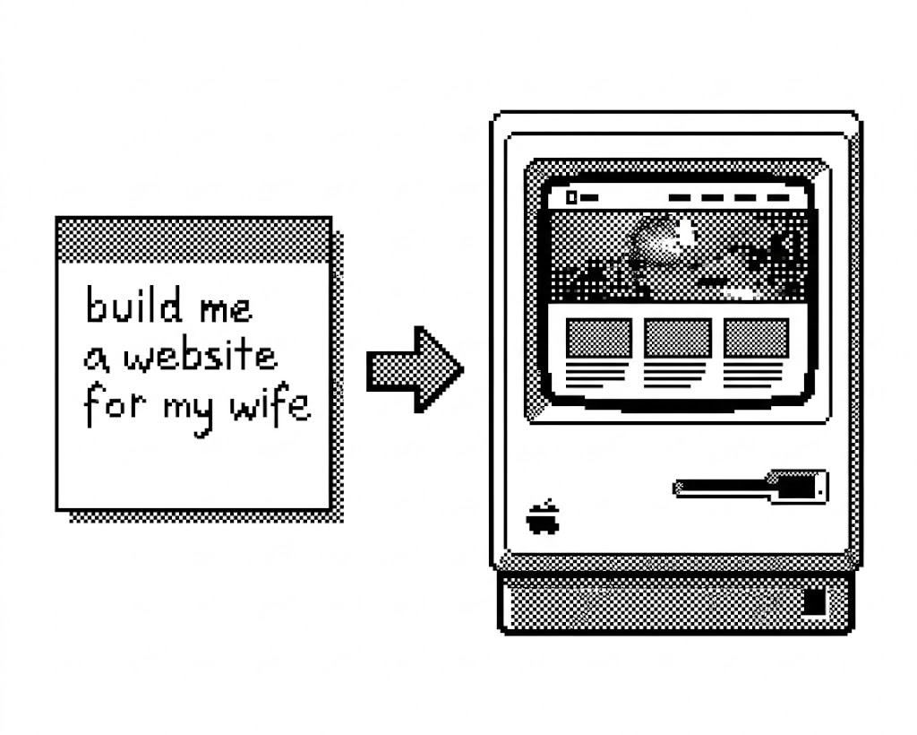 An illustrated sticky note reading build me a website for my wife with an arrow pointing to a computer screen showing a finished website.