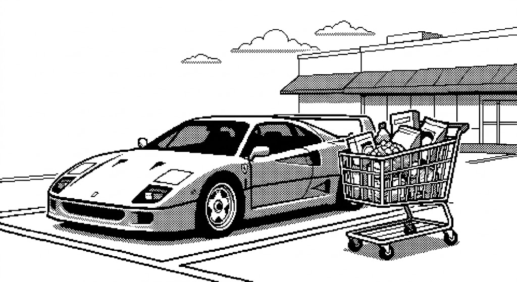 An illustrated Ferrari parked at a grocery store with a shopping cart of groceries in front of it.