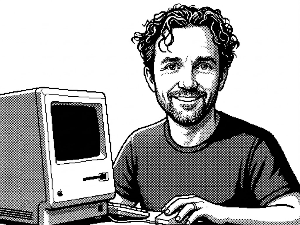 Illustrated portrait of Justin Bradshaw sitting at an old Macintosh computer.